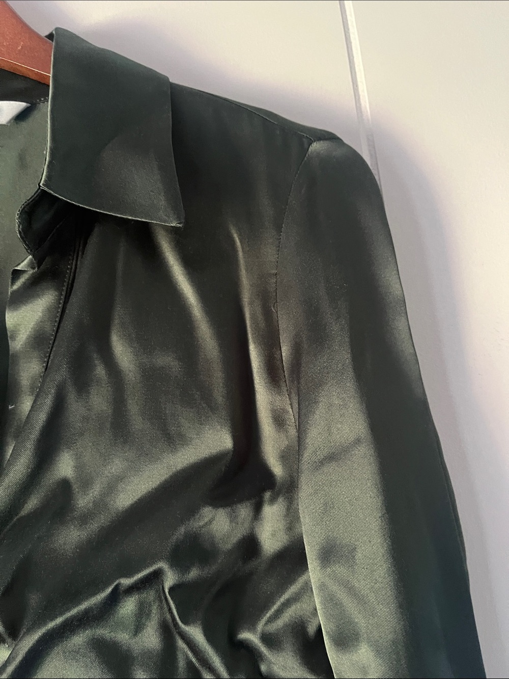 Zara Olive Satin Ruched Button-Front Shirt - Picture 10 of 13
